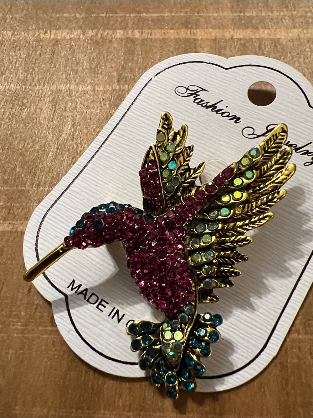 3/$18 Gold-Tone Hummingbird Crystal Brooch in Pink and Teal Lot 414